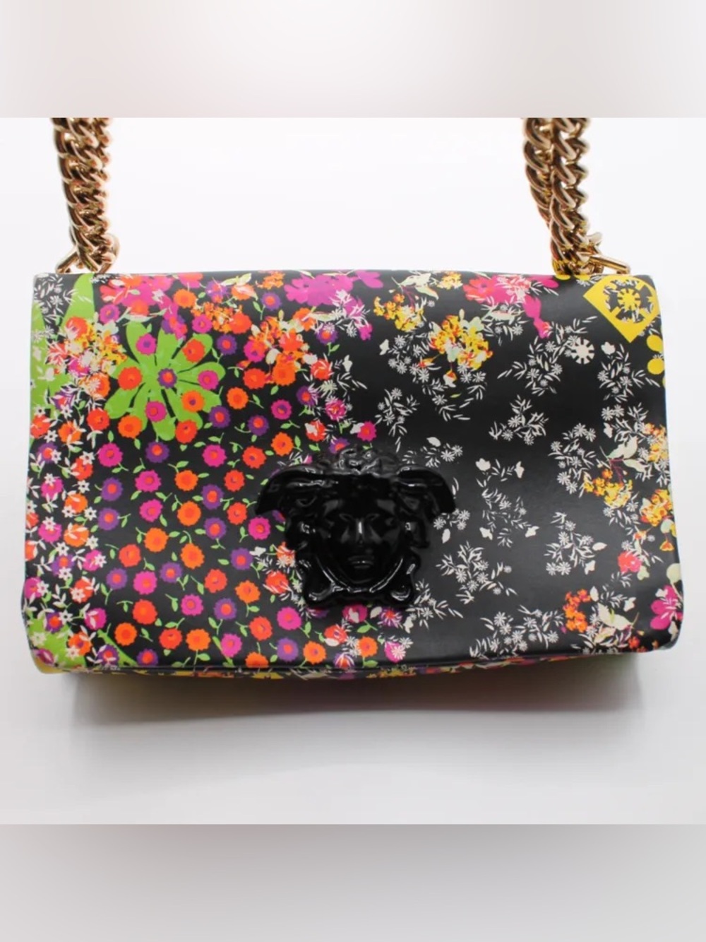 Versace Medusa Floral Bag Vegan Leather Black Multi Floral Excellent